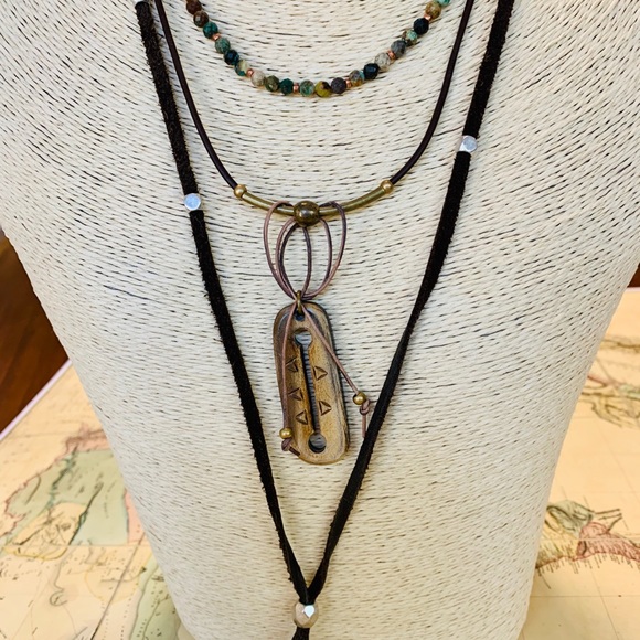 Upcycled Rustic Brass Wood Leather Necklace - Picture 5 of 6